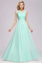 Abito da damigella a linea ad A con balze, pizzo smerlato, senza maniche, lungo fino a terra per festa di nozze