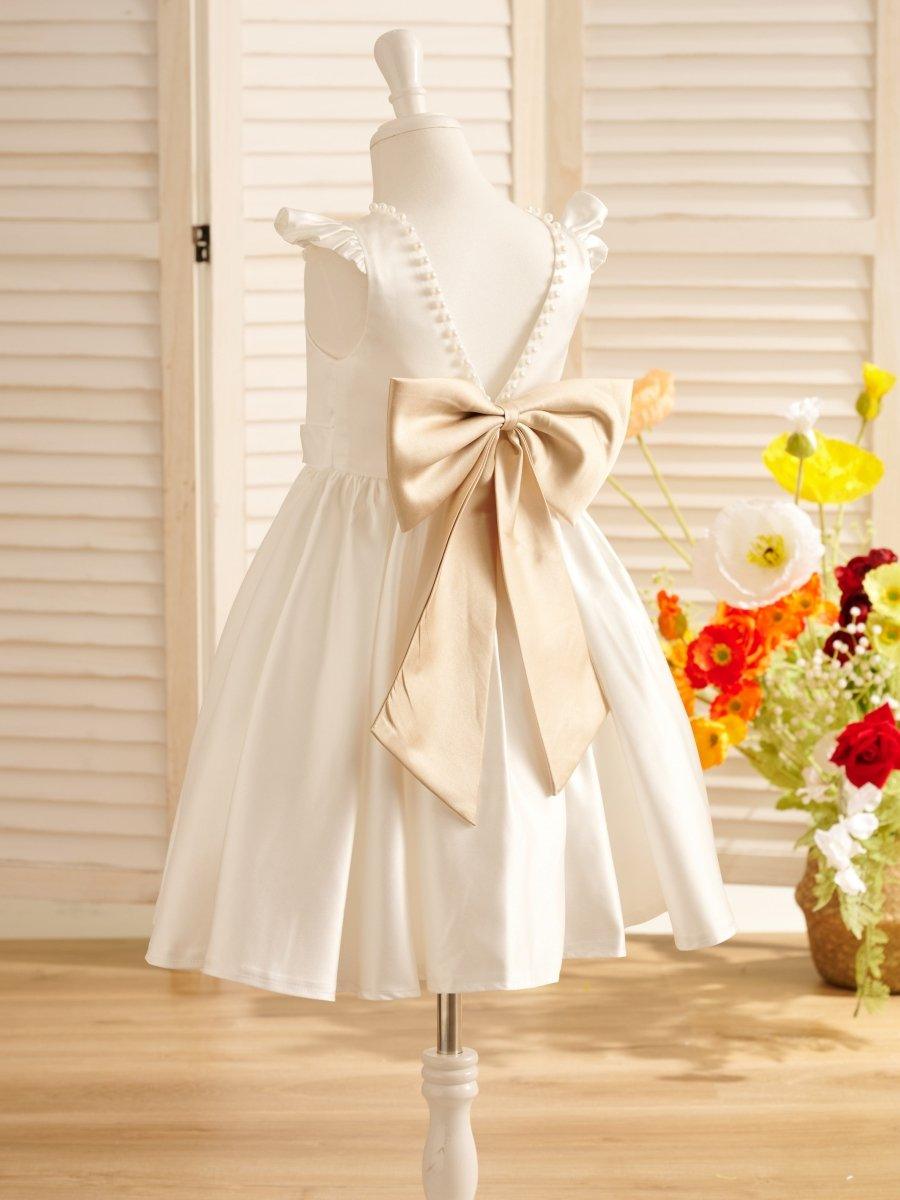 Elegant Satin A Line Flower Girl Dress With Bow And Scoop Neck Sleeveless