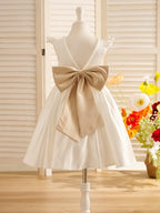 Elegant Satin A Line Flower Girl Dress With Bow And Scoop Neck Sleeveless