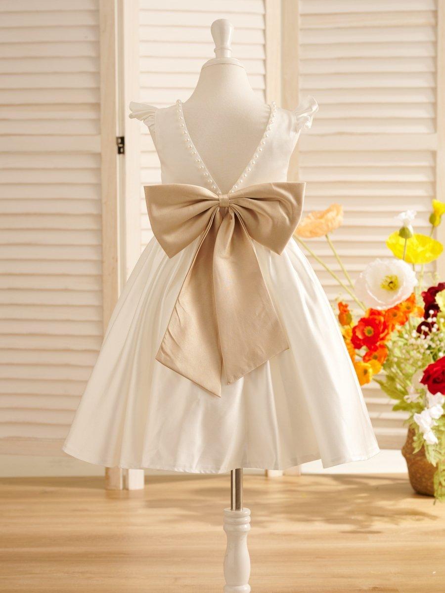 Elegant Satin A Line Flower Girl Dress With Bow And Scoop Neck Sleeveless