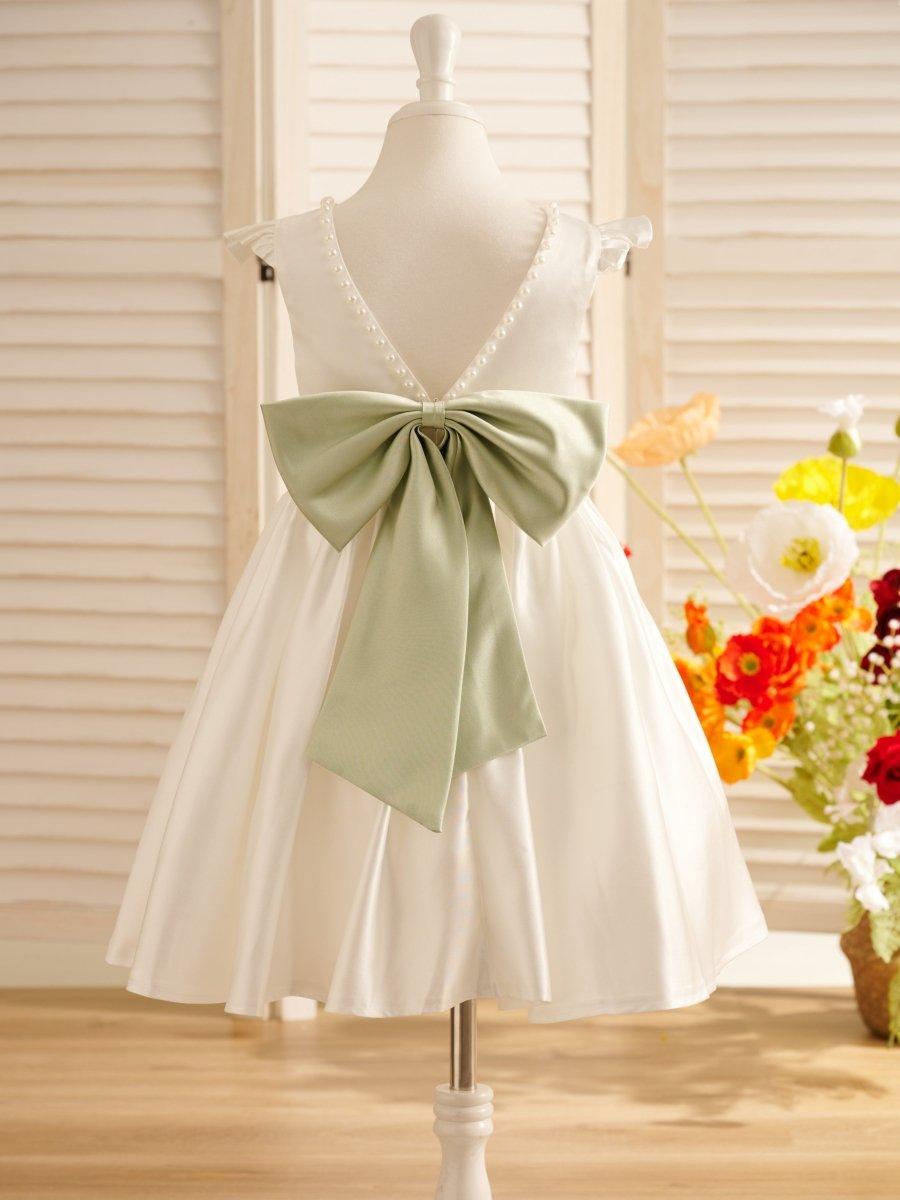 Elegant Satin A Line Flower Girl Dress With Bow And Scoop Neck Sleeveless