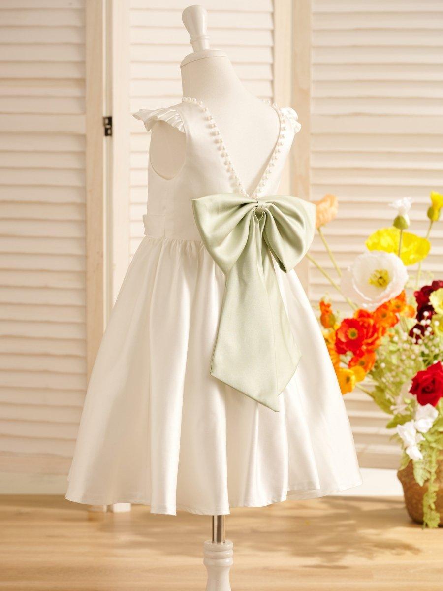 Elegant Satin A Line Flower Girl Dress With Bow And Scoop Neck Sleeveless