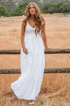 Abito da sposa da spiaggia lungo fino al pavimento, linea a, scollatura a U, senza schiena, con pizzo