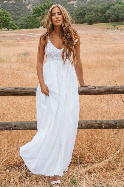 A-Linie U-Ausschnitt Rückenfreies Bodenlanges Strand-Brautkleid mit Spitze