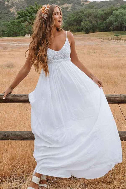 A-Linie U-Ausschnitt Rückenfreies Bodenlanges Strand-Brautkleid mit Spitze