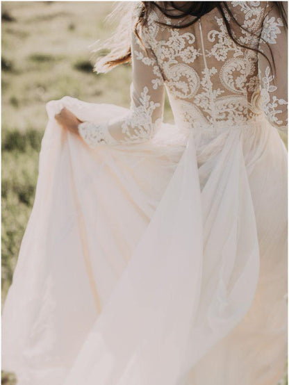 Vestido de novia rústico de manga larga con encaje y escote redondo