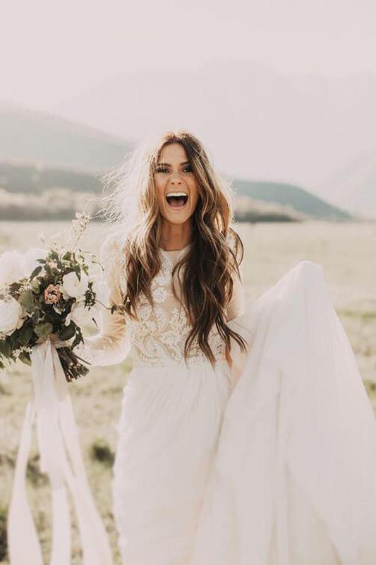 A-line Scoop Lace Wedding Dress Long Sleeve Rustic Wedding Dresses