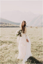 A-Linie U-Ausschnitt Spitze Brautkleid Langarm Rustikale Brautkleider