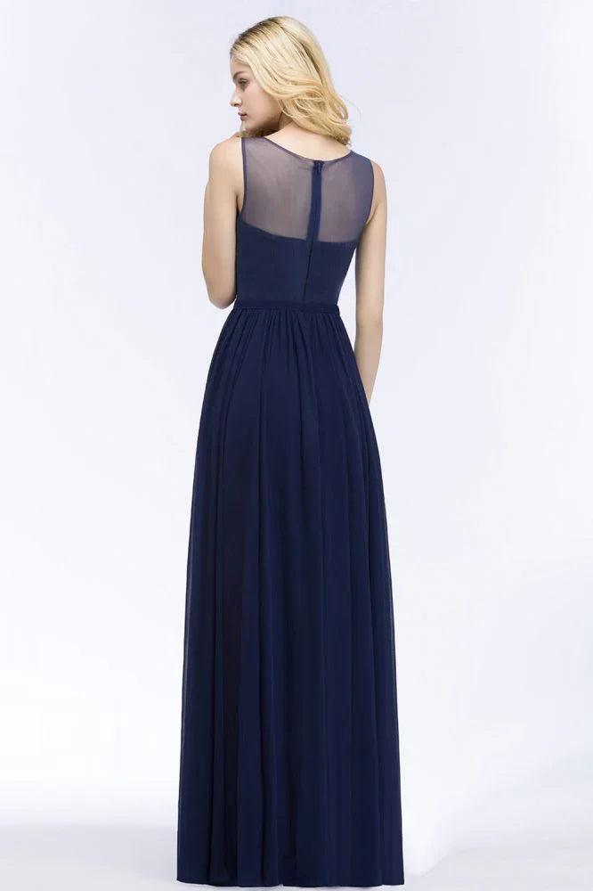 Abito da damigella d'onore a linea ad A con scollo a U, applicazioni in chiffon, abito lungo da sera fino a terra, senza maniche