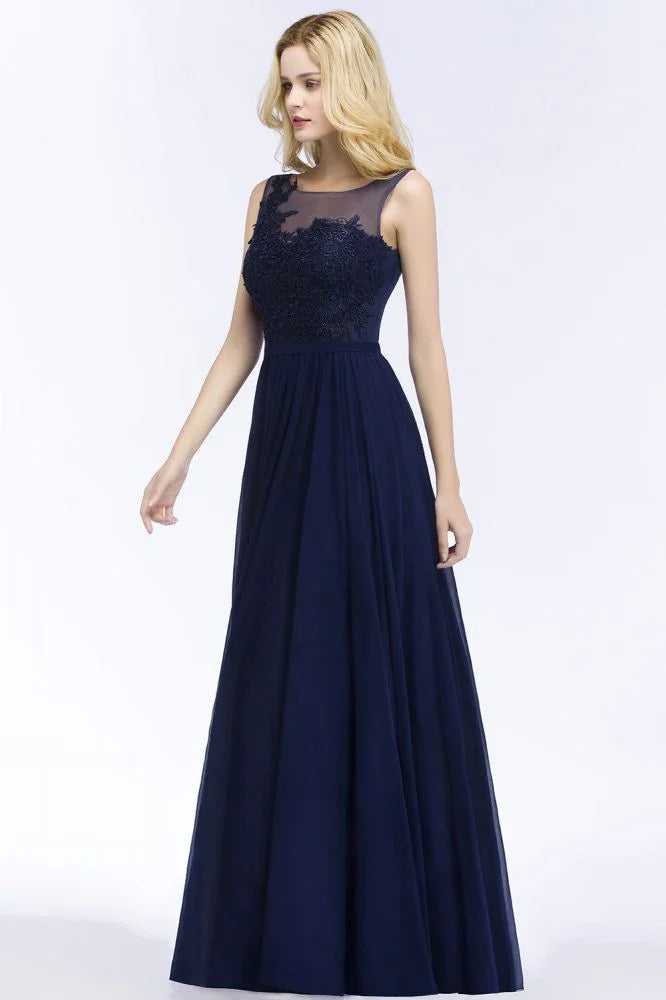 Abito da damigella d'onore a linea ad A con scollo a U, applicazioni in chiffon, abito lungo da sera fino a terra, senza maniche