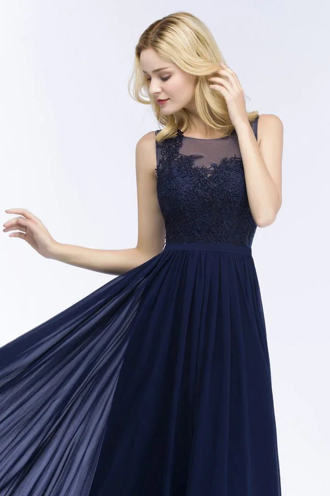 Abito da damigella d'onore a linea ad A con scollo a U, applicazioni in chiffon, abito lungo da sera fino a terra, senza maniche