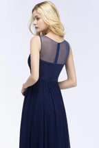 Abito da damigella d'onore a linea ad A con scollo a U, applicazioni in chiffon, abito lungo da sera fino a terra, senza maniche