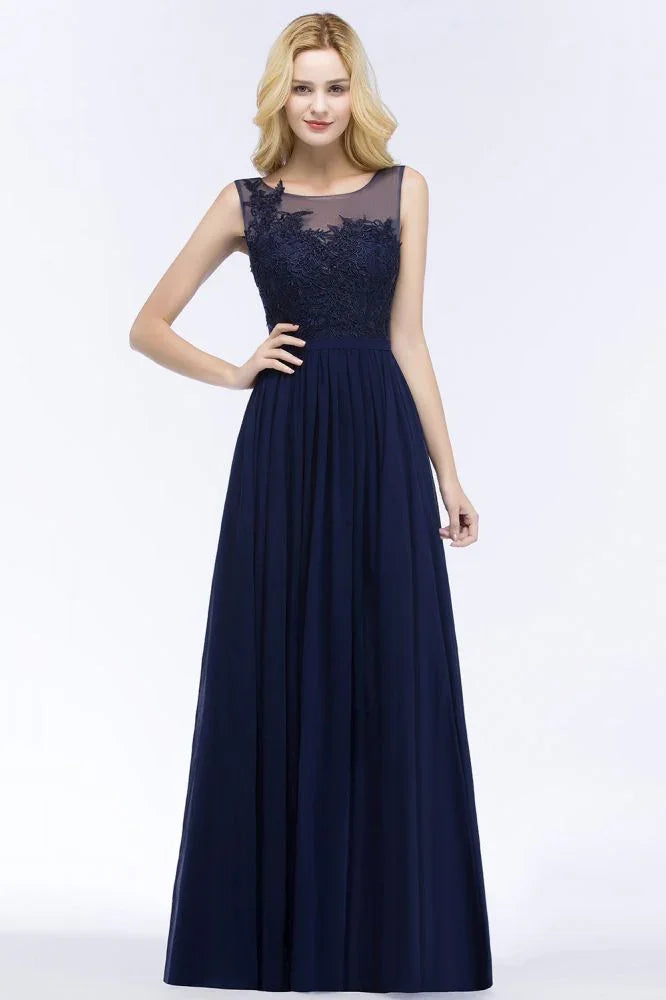 Abito da damigella d'onore a linea ad A con scollo a U, applicazioni in chiffon, abito lungo da sera fino a terra, senza maniche