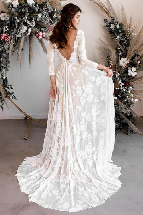 Robe de mariée en dentelle à manches longues, en ligne A, col arrondi