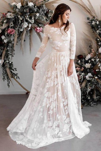 A-Linie U-Ausschnitt Lange Ärmel Spitze Hochzeitskleid Brautkleid