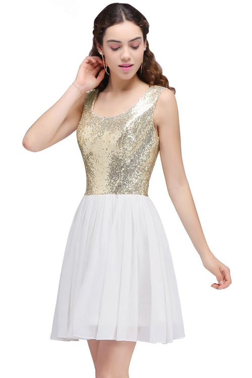 Robe courte à encolure dégagée en ligne A blanche avec paillettes, robe d'accueil mignonne avec paillettes