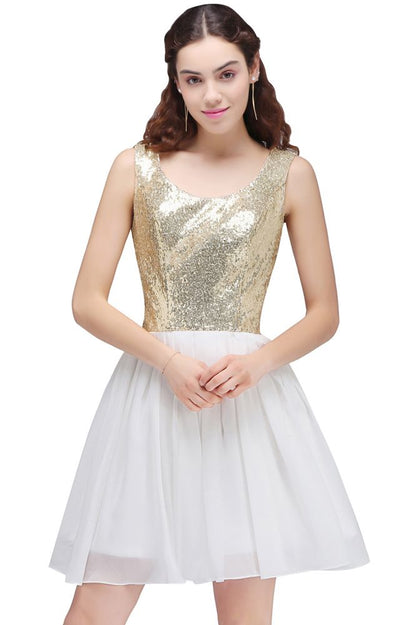 Lindos vestidos de fiesta blancos con lentejuelas, corte A y escote redondo