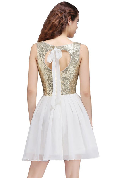 Lindos vestidos de fiesta blancos con lentejuelas, corte A y escote redondo