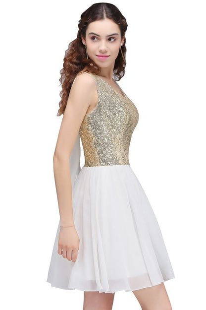 Lindos vestidos de fiesta blancos con lentejuelas, corte A y escote redondo