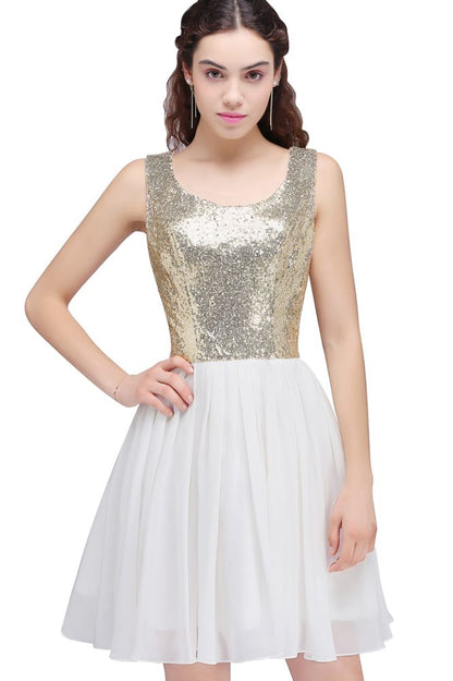 Lindos vestidos de fiesta blancos con lentejuelas, corte A y escote redondo