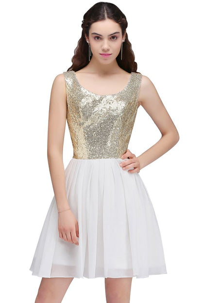 Lindos vestidos de fiesta blancos con lentejuelas, corte A y escote redondo
