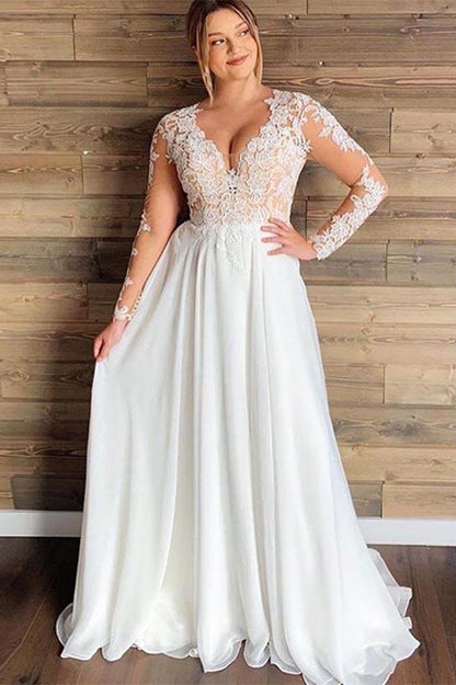 Vestidos de novia de tul transparente con encaje, corte A, manga larga, largo hasta el suelo, para playa 