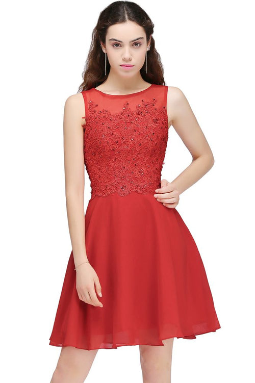 Vestidos Curtos em Chiffon Vermelho em Linha A para Festa de Regresso a Casa com Aplicações de Renda