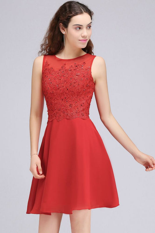 A-Linie, kurzes rotes Chiffon-Heimkehrkleid mit Spitzenapplikationen