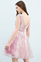 A-Linie, kurz, Rundhalsausschnitt, ärmellos, Spitzenapplikationen, Tüll, Ballkleider