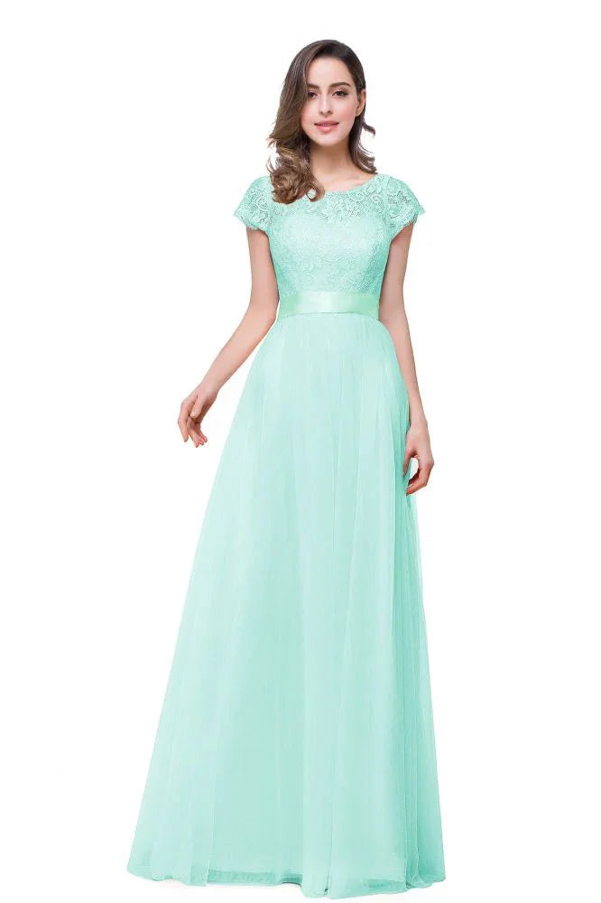 Abiti da damigella d'onore in chiffon a linea ad A con maniche corte e fascia con fiocco a nastro