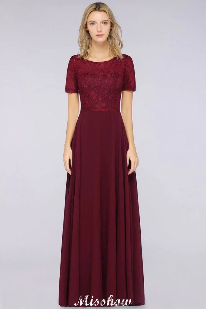 Abito da damigella con maniche corte a linea ad A, lungo fino a terra, in chiffon e pizzo, con scollo rotondo, abito da sera