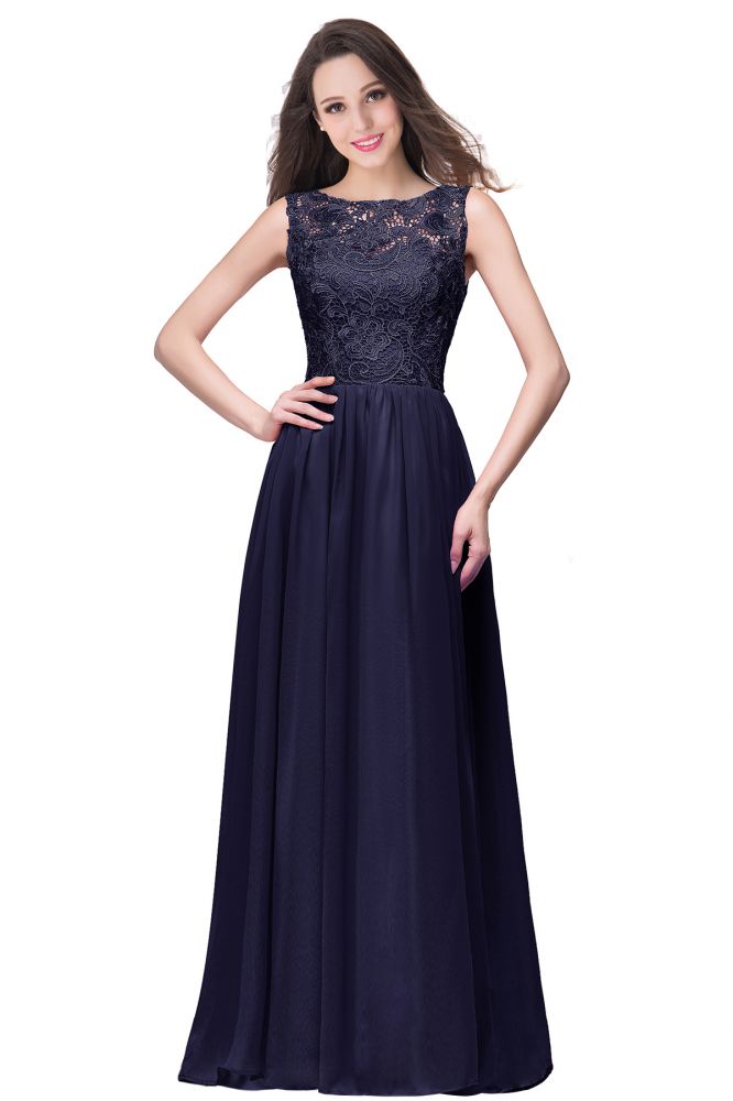Abito da cerimonia lungo fino a terra con scollo rotondo, senza maniche, linea a trapezio, corpetto in pizzo e chiffon