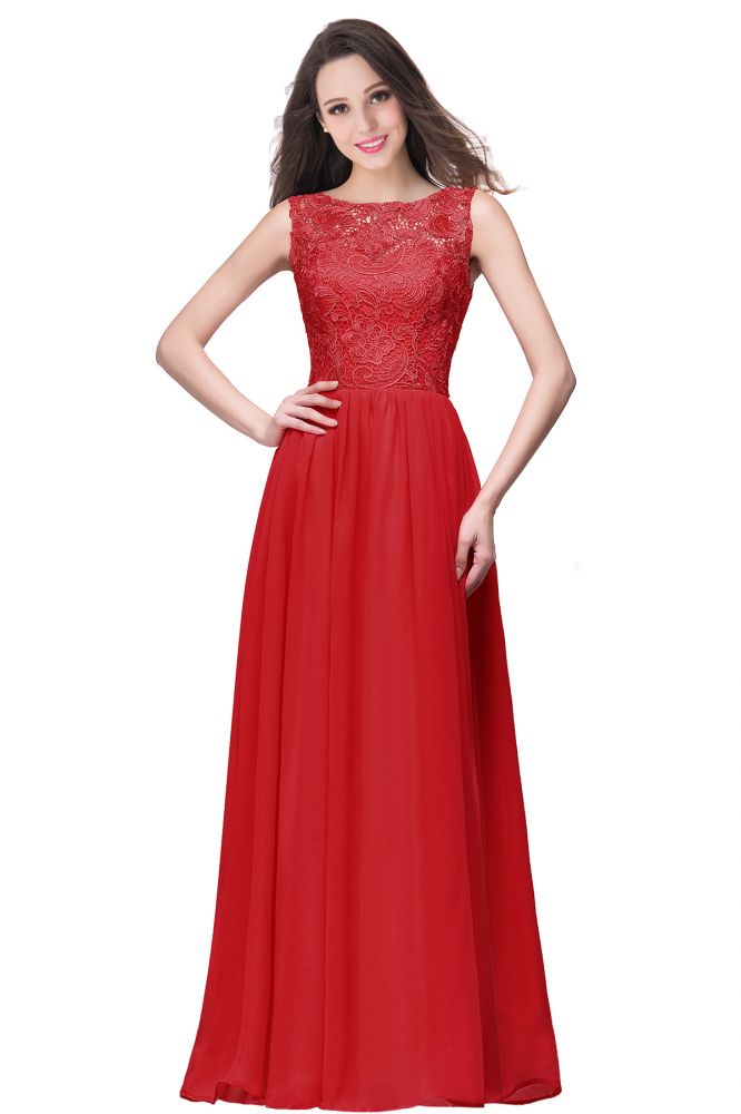 Abito da cerimonia lungo fino a terra con scollo rotondo, senza maniche, linea a trapezio, corpetto in pizzo e chiffon