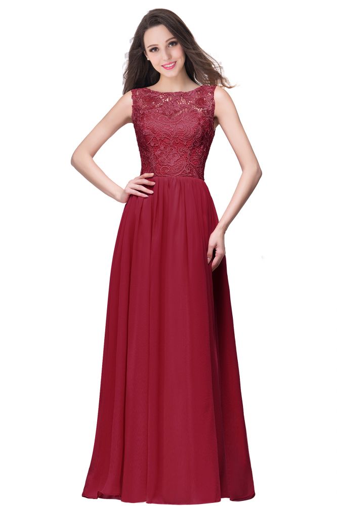 Abito da cerimonia lungo fino a terra con scollo rotondo, senza maniche, linea a trapezio, corpetto in pizzo e chiffon