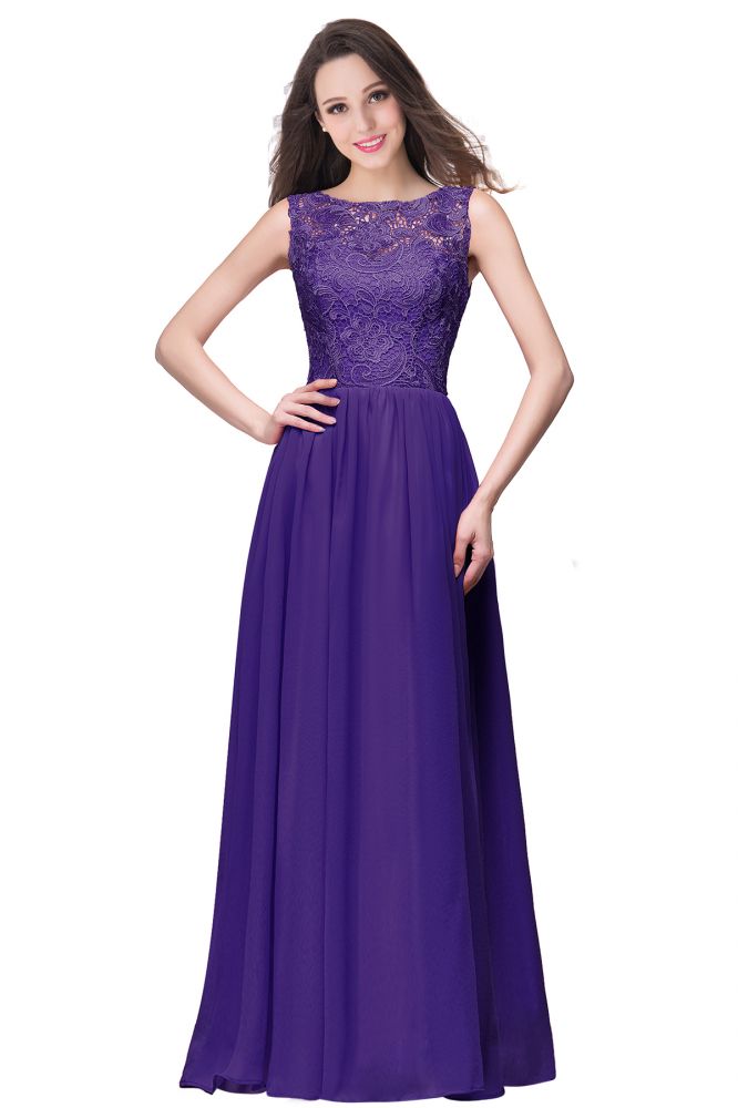 Abito da cerimonia lungo fino a terra con scollo rotondo, senza maniche, linea a trapezio, corpetto in pizzo e chiffon