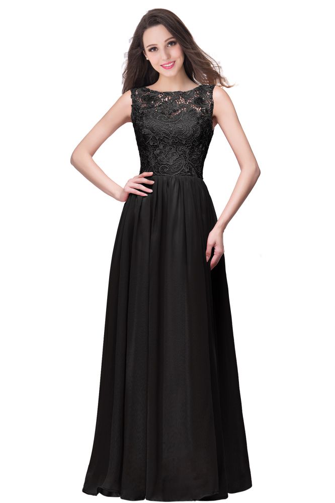 Abito da cerimonia lungo fino a terra con scollo rotondo, senza maniche, linea a trapezio, corpetto in pizzo e chiffon