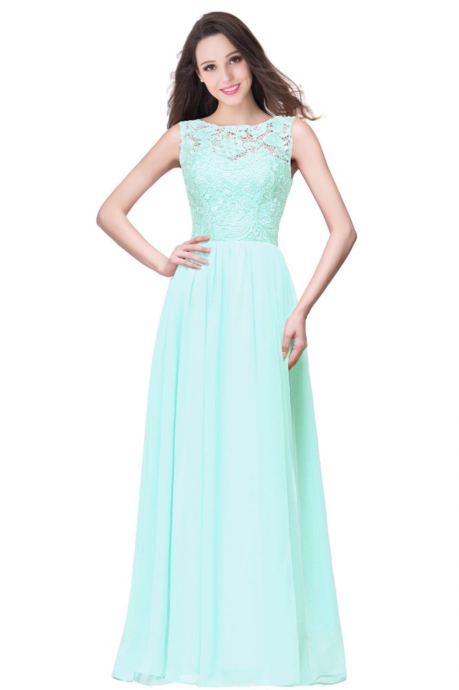 Abito da cerimonia lungo fino a terra con scollo rotondo, senza maniche, linea a trapezio, corpetto in pizzo e chiffon
