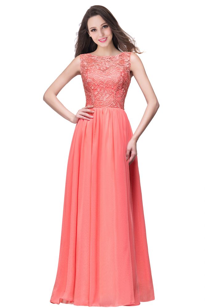 Abito da cerimonia lungo fino a terra con scollo rotondo, senza maniche, linea a trapezio, corpetto in pizzo e chiffon