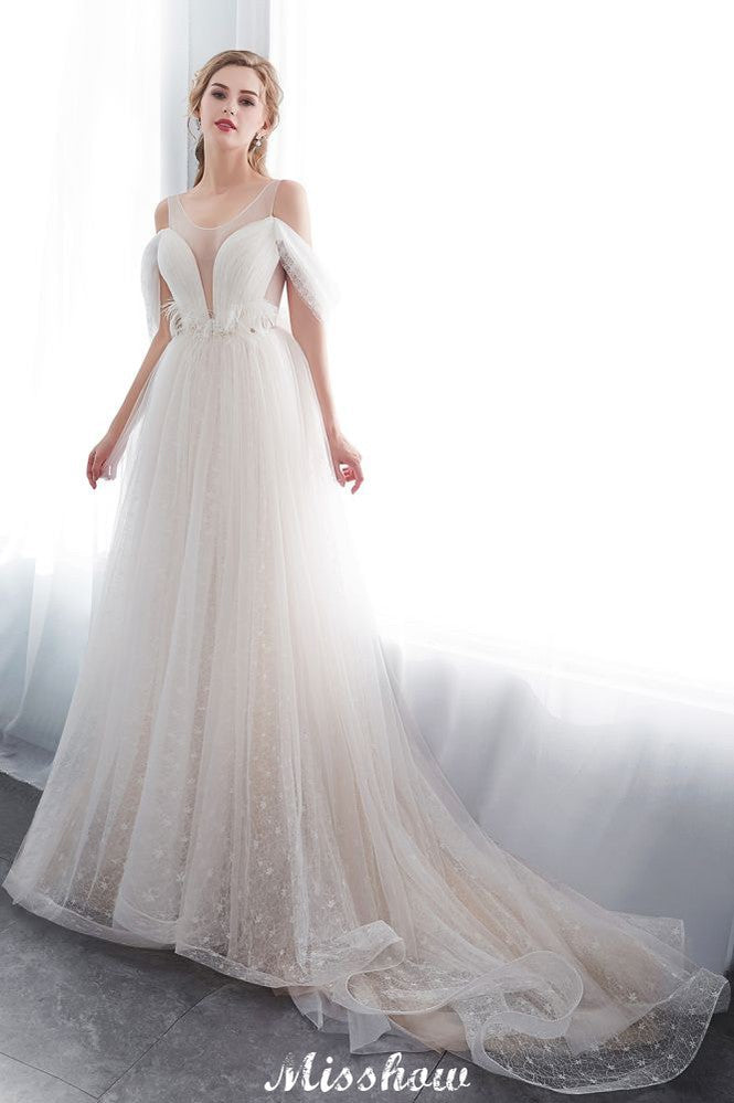 Abito da sposa avorio in pizzo, senza maniche, linea a trapezio, lungo fino a terra