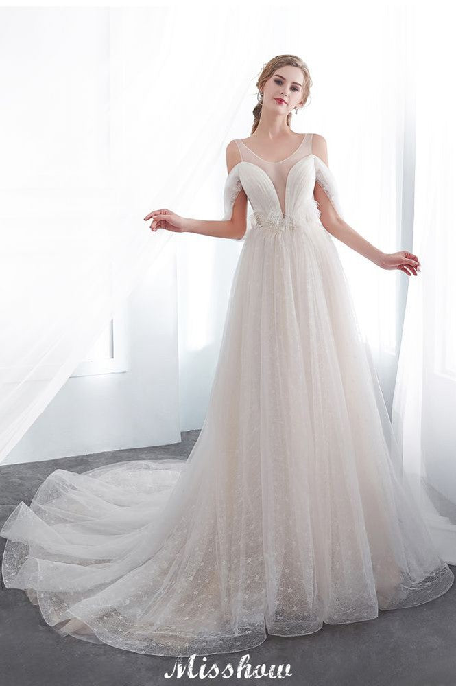 A-Linie Ärmelloses Bodenlanges Elfenbein Spitzen-Brautkleid