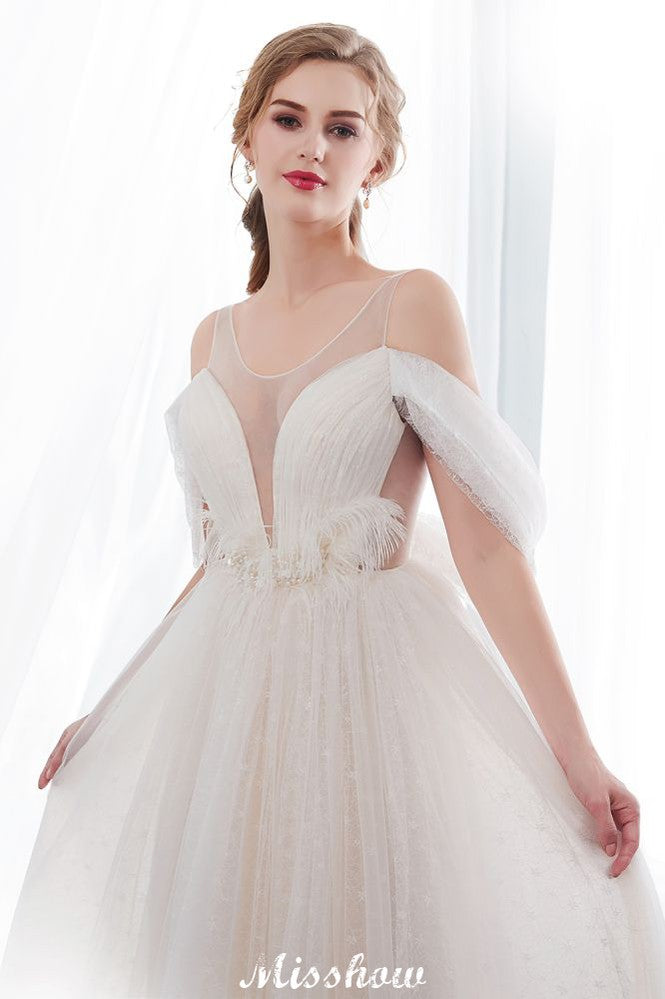Abito da sposa avorio in pizzo, senza maniche, linea a trapezio, lungo fino a terra