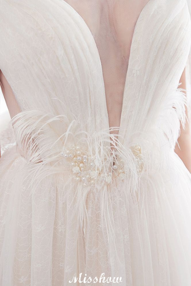 A-Linie Ärmelloses Bodenlanges Elfenbein Spitzen-Brautkleid