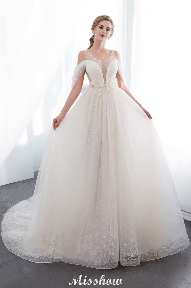 Abito da sposa avorio in pizzo, senza maniche, linea a trapezio, lungo fino a terra