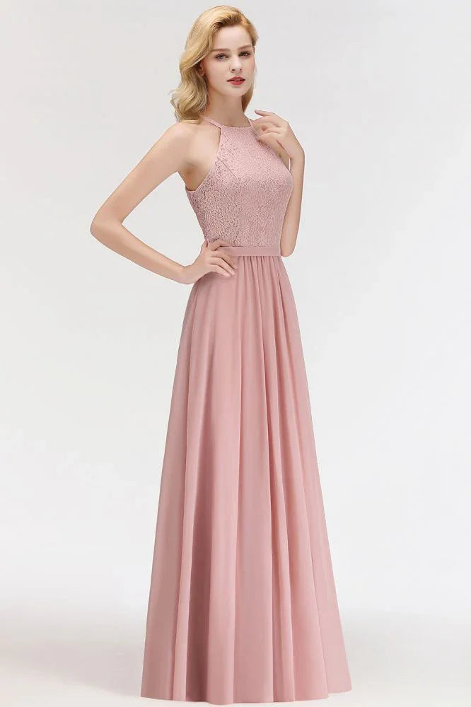 فستان وصيفة العروس طويل من الشيفون والدانتيل بدون أكمام بقصة على شكل حرف A مع رباط حول الرقبة