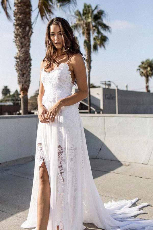 A-Linie Spaghettiträger Weiß Spitze Chiffon Strand Hochzeit Brautkleider