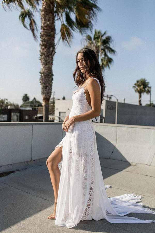 Robe de mariée de plage en mousseline blanche à bretelles spaghetti et dentelle, coupe en A