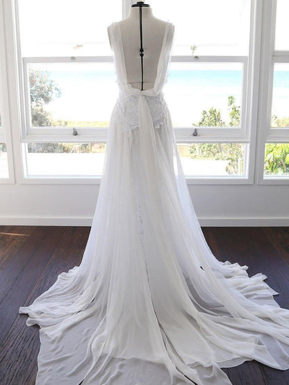 A-Linie Spaghettiträger Weiß Spitze Chiffon Strand Hochzeit Brautkleider