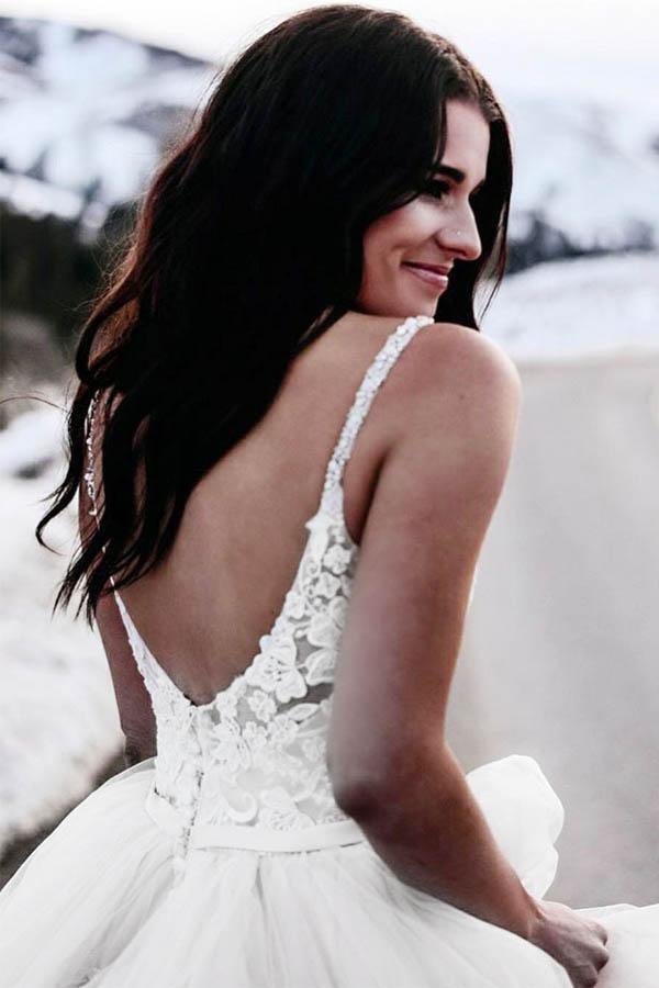 A-Linie Spaghettiträger Asymmetrisches Brautkleid mit Spitze