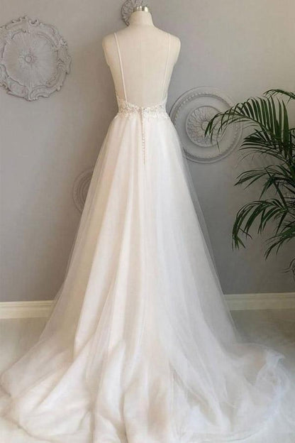 A Line Spaghetti Straps Beach Wedding Dresses Lace Wedding Gowns