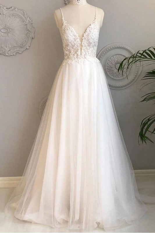 Robe de mariée de plage à bretelles spaghetti en ligne A Robe de mariée en dentelle WD453